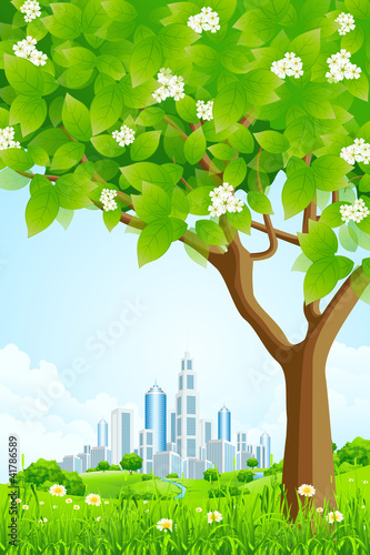 Vector: Green Background with Tree and Modern City Green Background with Tree and Modern City