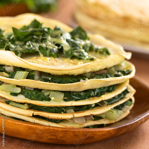 Photo: Fresh homemade savory crepes layered with chard Fresh homemade savory crepes layered with chard