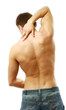 Foto: The man with pain in a neck. Isolated on white background The man with pain in a neck. Isolated on white background