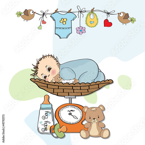 Vector: baby boy weighed on the scale baby boy weighed on the scale