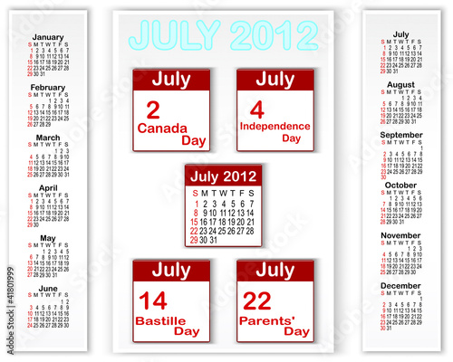 Vector: Holiday icons calendars for july 2012. Holiday icons calendars for july 2012.