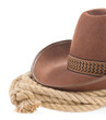 brown cowboy hat and rope isolated on white