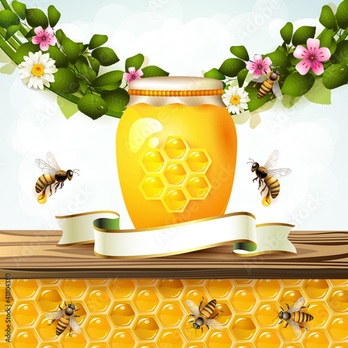 Vektor: Glass jar and honey over floral background Glass jar and honey over floral background