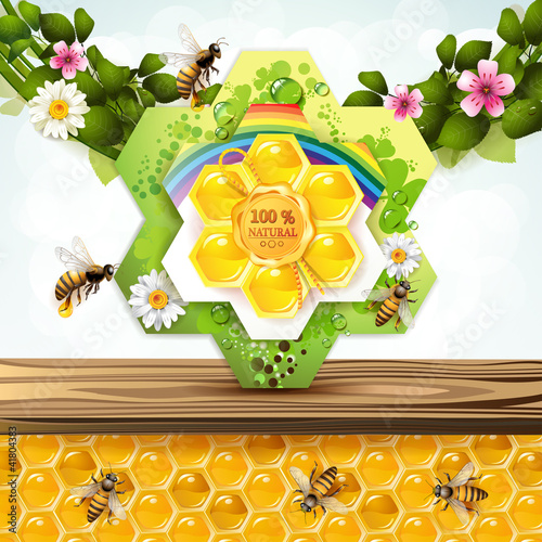 Vektor: Bees and honeycombs with floral frame Bees and honeycombs with floral frame