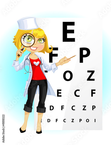 Vektor: Cute woman doctor - ophthalmologist with magnifying glass Cute woman doctor - ophthalmologist with magnifying glass