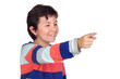 Adorable boy with a striped jersey pointing Adorable boy with a striped jersey pointing