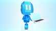 Blue robot with laptop