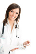 Smiling female doctor with documents, over white