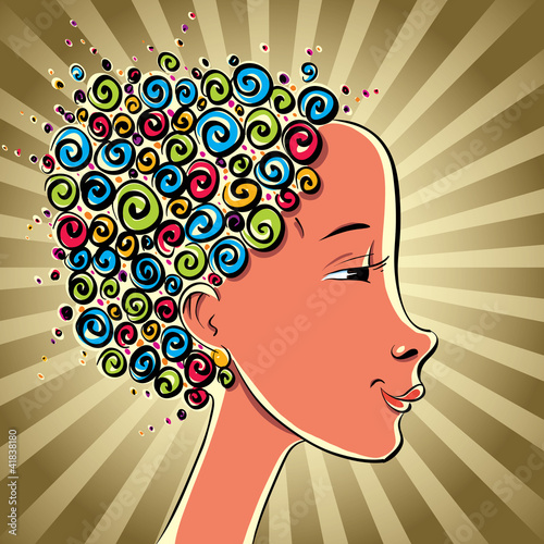 Vector: Girl with color curls hair, vector cartoon. Girl with color curls hair, vector cartoon.