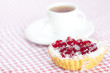 beautiful cake with berries and tea on plaid fabric