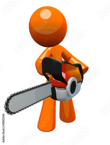 Illustration: 3d Orange Man with Chain Saw, Perspective View 3d Orange Man with Chain Saw, Perspective View