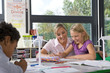 Foto: Teacher helping student study about wind turbines in school classroom Teacher helping student study about wind turbines in school classroom