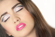close up studio portrait of young beautiful woman with bright ma
