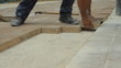 Worker laying brick tiles on the road