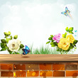 Landscape with brick wall and garden roses Landscape with brick wall and garden roses