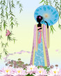 Chinese Girl with an umbrella the pond Chinese Girl with an umbrella the pond