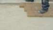 Worker laying brick tiles on the road