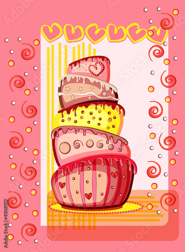 Vector: Bright birthday cake. Postcard with place for your text Bright birthday cake. Postcard with place for your text