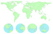 Green world map and earth globes on white isolate background
