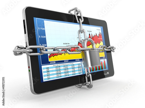 Illustration: Tablet pc security. Chain with lock on computer. Tablet pc security. Chain with lock on computer.