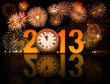 2013 year with fireworks and clock displaying 5 minutes before m