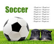 soccer ball and shoes in grass isolated on white background