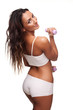 tan woman in white sportswear