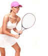 tan woman in white sportswear and tennis racquet