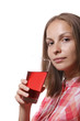 Young woman with glass of red drink, isolated Young woman with glass of red drink, isolated