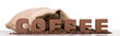 Coffee letters over sack full of coffee beans