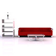Rotes Sofa, Couchtisch, Regal und Lampe Rotes Sofa, Couchtisch, Regal und Lampe