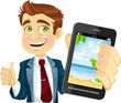 Cute businessman in a suit shows a photo resort on the phone