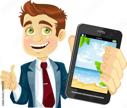 Vector: Cute businessman in a suit shows a photo resort on the phone Cute businessman in a suit shows a photo resort on the phone