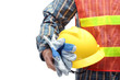 man holding yellow helmet over white