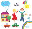 Children set with objects and nature
