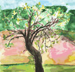 Watercolor landscape with tree and meadow