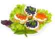 sandwiches with black and red caviar on lettuce leaves, isolated