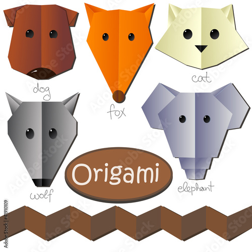 Vector: set of cute origami animal heads like dog cat fox elephant wolf set of cute origami animal heads like dog cat fox elephant wolf