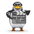 3d Penguin in glasses with clapperboard