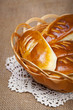 Ruddy pies in a wicker tray on the background of the canvas