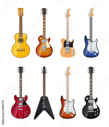 Vector: acoustic and electric guitars set of vector icon illustration acoustic and electric guitars set of vector icon illustration