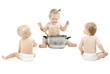 Baby feeding friends and playing role game over white