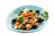 fish fillet with tomatoes balck olives and pepper