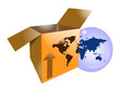 Cardboard shipping box with word map for international shipping Cardboard shipping box with word map for international shipping