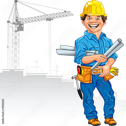 Vector: vector cheerful engineer builder in the yellow helmet with the d vector cheerful engineer builder in the yellow helmet with the d
