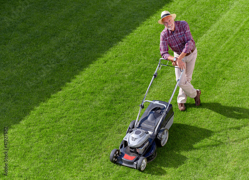 Photo: mowing senior man, take a break mowing senior man, take a break