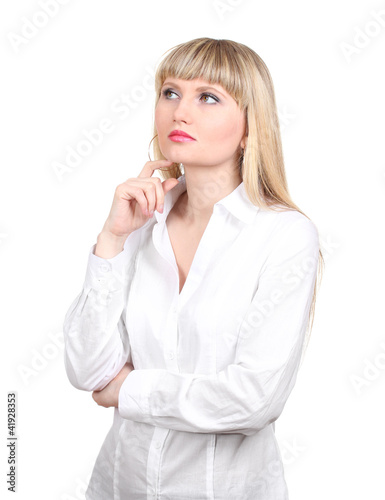 Photo: Pensive business woman isolated on white Pensive business woman isolated on white