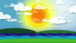 Animation - hills, stream/river, radiating sun & moving clouds.