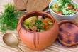 Meat baked with vegetables in rustic clay pot Meat baked with vegetables in rustic clay pot