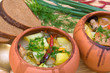 Meat baked with vegetables in rustic clay pot Meat baked with vegetables in rustic clay pot